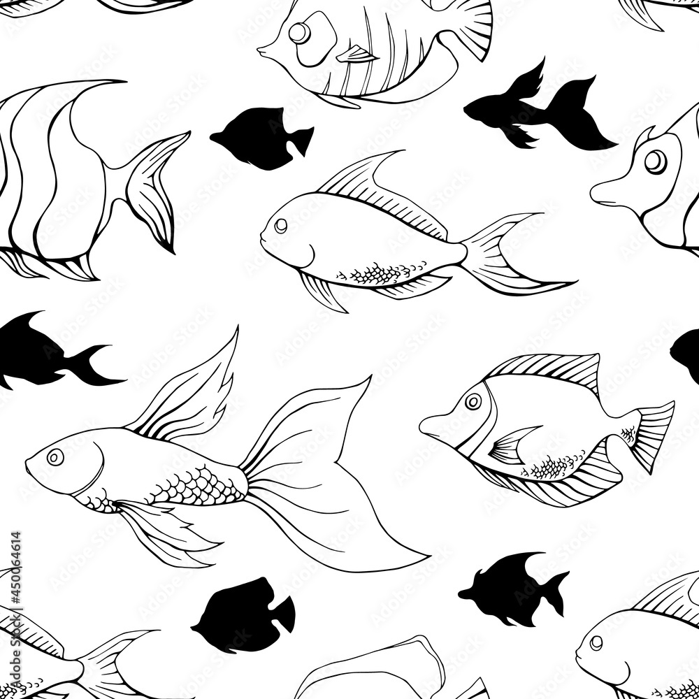 Black and white fishes outline seamless pattern. Exotic ocean surface pattern design. Marine animals contour endless texture. School of fish boundless background. Sea life editable tile. Black and white fishes outline seamless pattern. Exotic ocean surface pattern design. Marine animals contour endless texture. School of fish boundless background. Sea life editable tile.