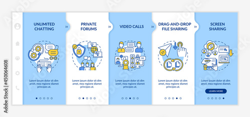 Business messaging service onboarding vector template. Responsive mobile website with icons. Web page walkthrough 5 step screens. Communication color concept with linear illustrations