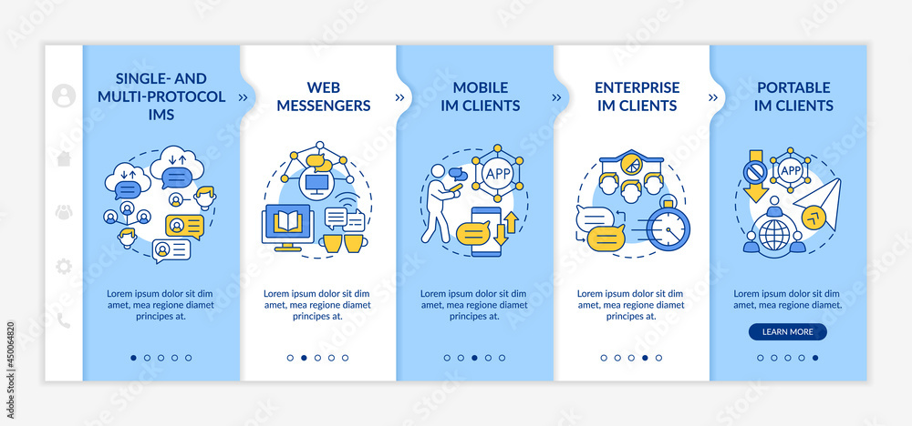 Instant messaging service types onboarding vector template. Responsive mobile website with icons. Web page walkthrough 5 step screens. Software for chatting color concept with linear illustrations