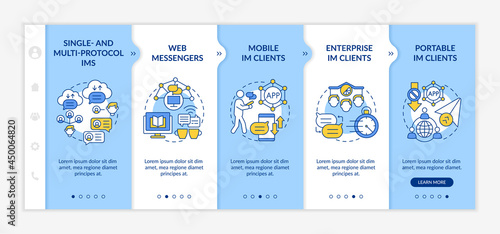 Instant messaging service types onboarding vector template. Responsive mobile website with icons. Web page walkthrough 5 step screens. Software for chatting color concept with linear illustrations