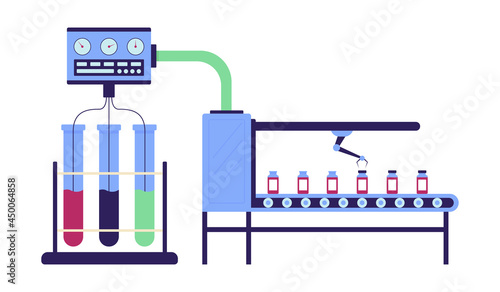 Laboratory for vaccine production flat concept vector illustration. Lab liquid filling machine isolated 2D cartoon object on white for web design. Vaccine manufacturing creative idea