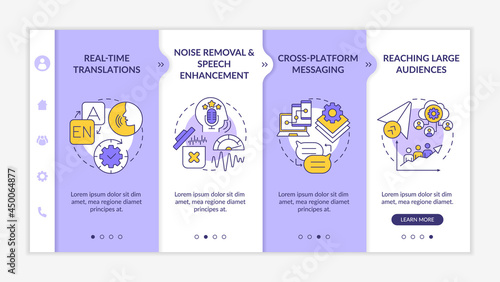 Instant messaging features onboarding vector template. Responsive mobile website with icons. Web page walkthrough 4 step screens. Software for texting color concept with linear illustrations
