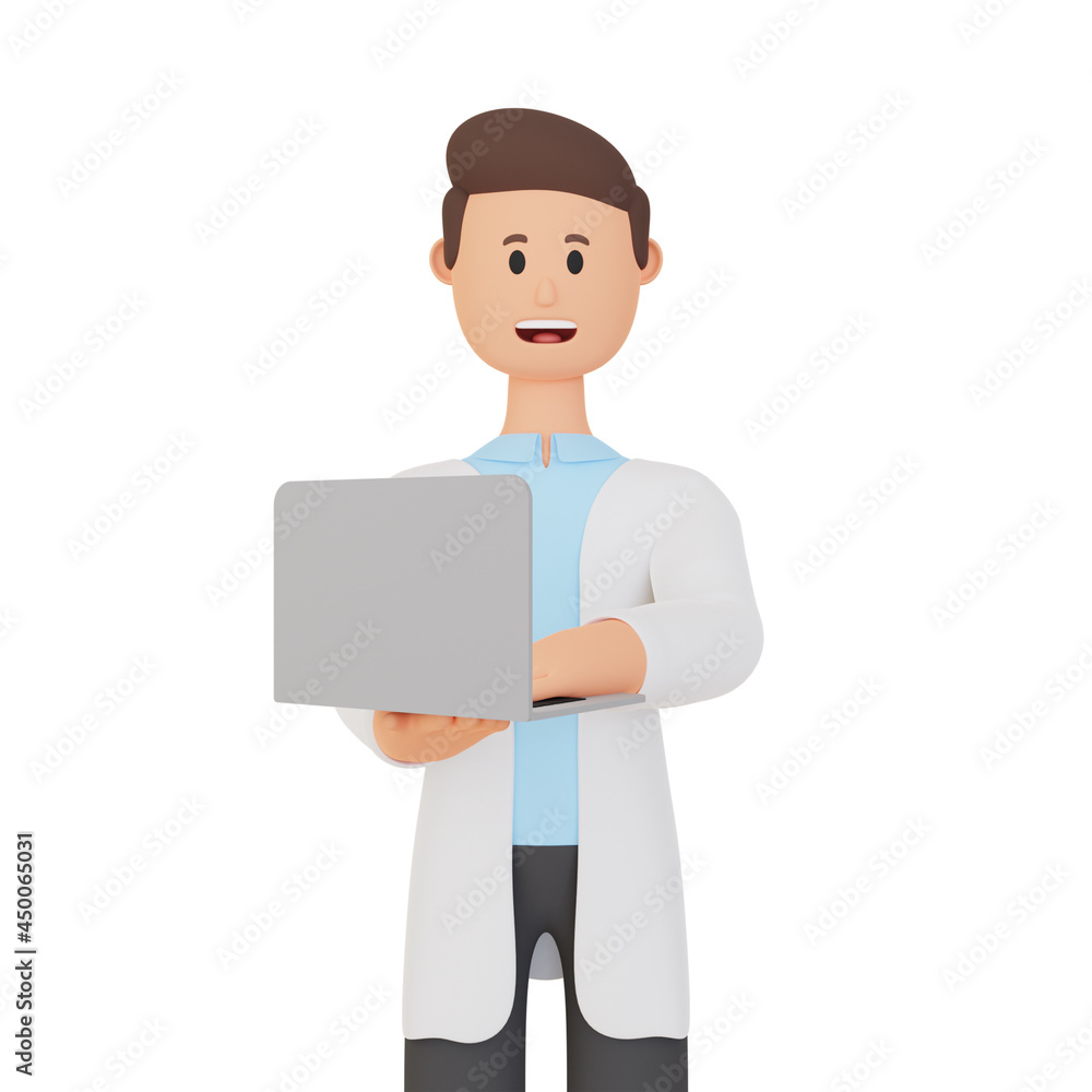 3d rendering smiling man cartoon character with laptop 3d rendering smiling man cartoon character with laptop