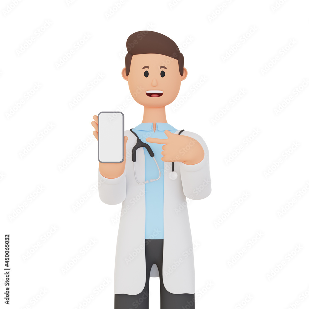 3d rendering man cartoon character pointing up smartphone