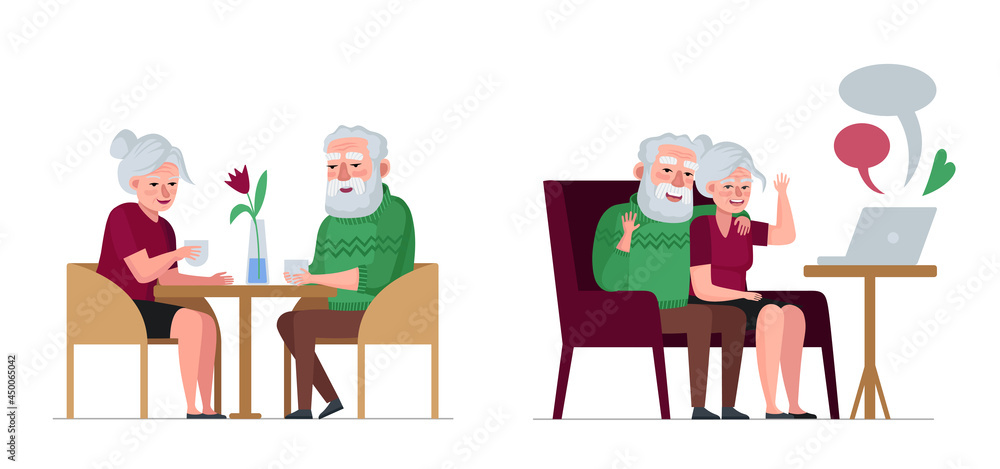 Elderly couple retired grandparents sitting in cafe and chatting. Old people on laptop online web conference. Retired relationships. Senior persons relax in coffee shop and video communication. Vector