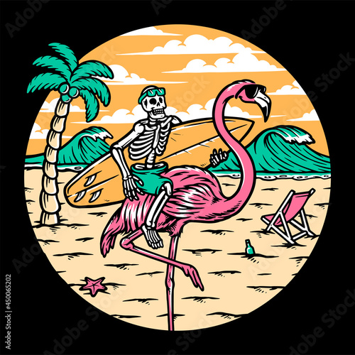 skull and flamingo on the beach