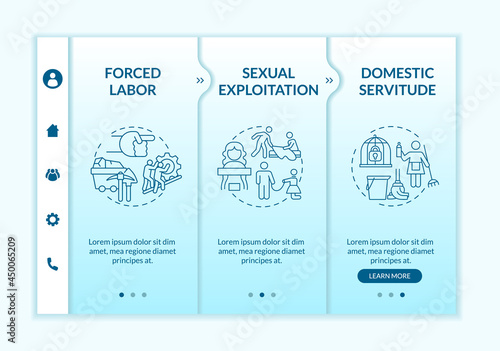 Human trade types blue onboarding vector template. Responsive mobile website with icons. Web page walkthrough 3 step screens. Forms of human exploitation color concept with linear illustrations