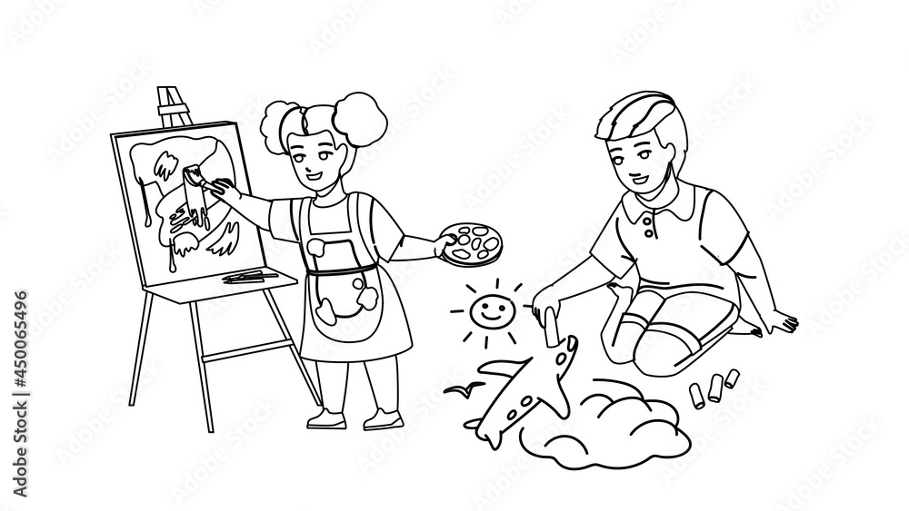 Kids Drawing Creative Picture Together Black Line Pencil Drawing Vector. Boy Draw Airplane With Chalk On Asphalt And Girl Drawing Picture With Paints. Creativity And Art In Kindergarten Illustration Kids Drawing Creative Picture Together Black Line Pencil Drawing Vector. Boy Draw Airplane With Chalk On Asphalt And Girl Drawing Picture With Paints. Creativity And Art In Kindergarten Illustration