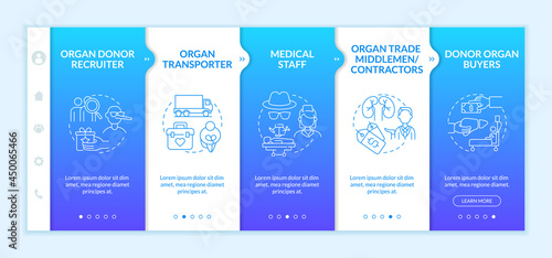 Organ trade participants blue onboarding vector template. Responsive mobile website with icons. Web page walkthrough 5 step screens. Sell body parts color concept with linear illustrations