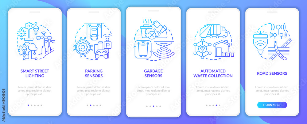 Smart city structure onboarding mobile app page screen. Innovative technologies walkthrough 5 steps graphic instructions with concepts. UI, UX, GUI vector template with linear color illustrations
