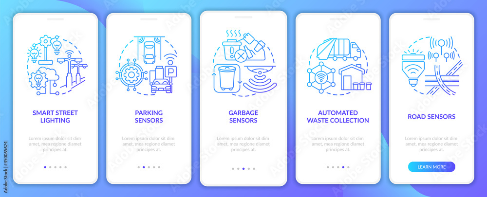 Smart city structure onboarding mobile app page screen. Innovative technologies walkthrough 5 steps graphic instructions with concepts. UI, UX, GUI vector template with linear color illustrations Smart city structure onboarding mobile app page screen. Innovative technologies walkthrough 5 steps graphic instructions with concepts. UI, UX, GUI vector template with linear color illustrations