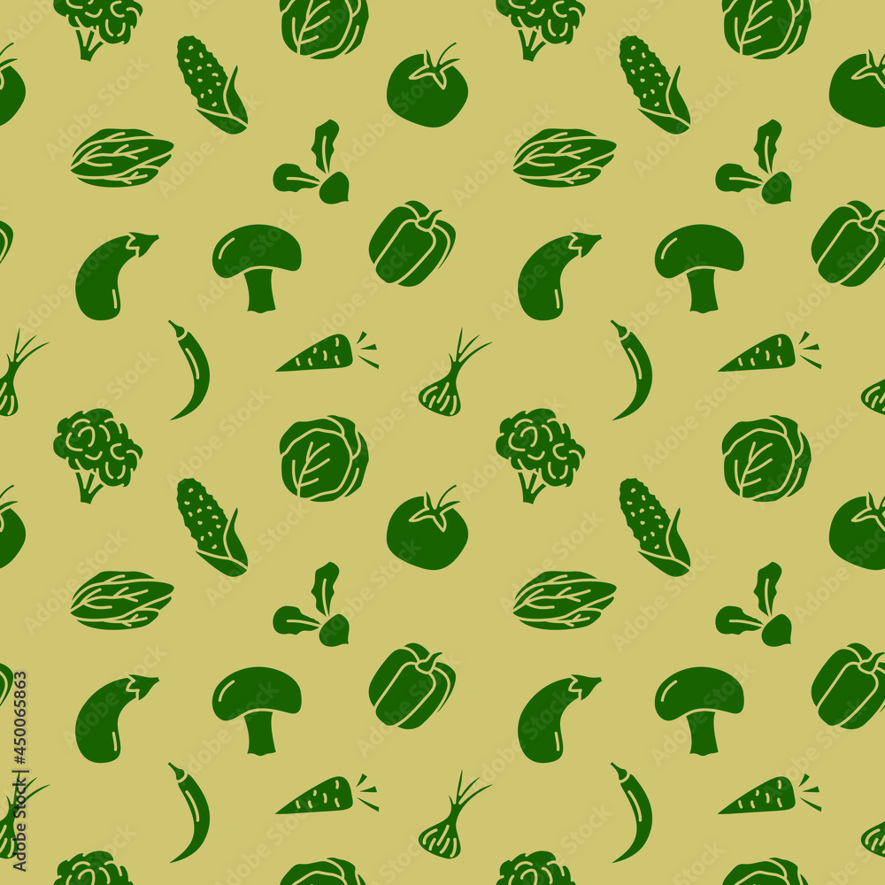 Seamless vector pattern with Vegetables. Tomato, cauliflower, salad, pepper, potato, corn, mushroom, broccoli. For fabric, paper, wrap, textile, poster, scrapbooking, wallpaper or background