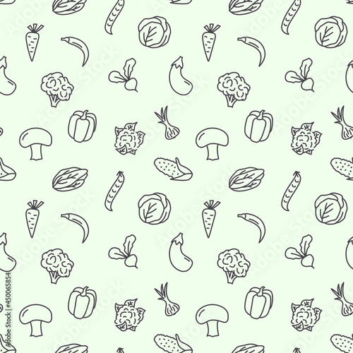 Seamless vector pattern with Vegetables. Tomato  cauliflower  salad  pepper  potato  corn  mushroom  broccoli. For fabric  paper  wrap  textile  poster  scrapbooking  wallpaper or background