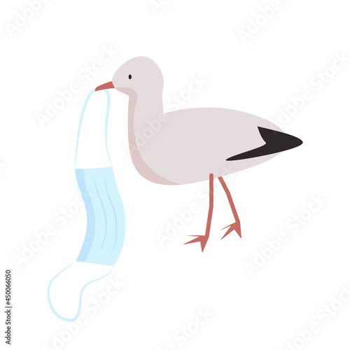 Seagull carries coronavirus face mask semi flat color vector character. Full body animal on white. Hurting wildlife isolated modern cartoon style illustration for graphic design and animation