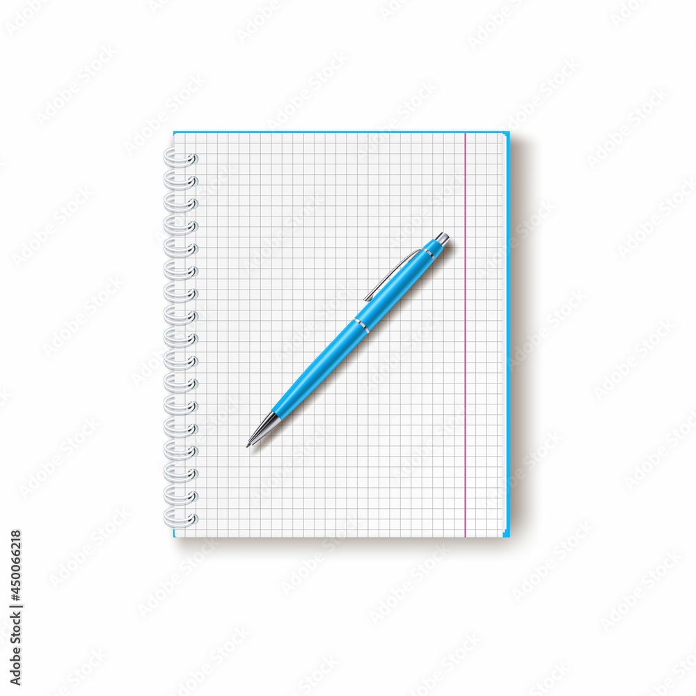 a notebook in a cage with a blue pen lying on it. Vector isolated illustration on a school or office theme in the flat lay style. A symbol of planning, training, and time management. Icon a notebook in a cage with a blue pen lying on it. Vector isolated illustration on a school or office theme in the flat lay style. A symbol of planning, training, and time management. Icon