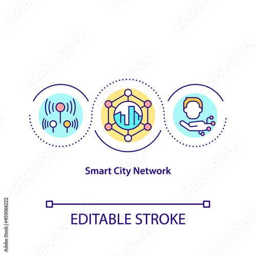 Smart city network concept icon. Internet of things abstract idea thin line illustration. Technological future urban life. City management. Vector isolated outline color drawing. Editable stroke