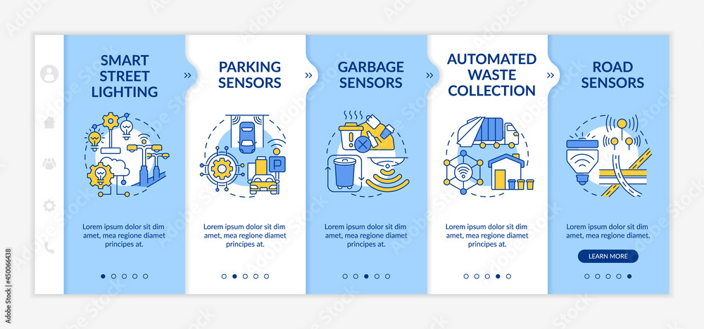 Smart sensor systems onboarding vector template. Responsive mobile website with icons. Web page walkthrough 5 step screens. Ecological approach color concept with linear illustrations