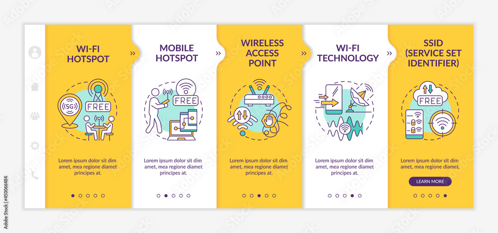 Access to internet yellow onboarding vector template. Responsive mobile website with icons. Web page walkthrough 5 step screens. Public hotspot color concept with linear illustrations