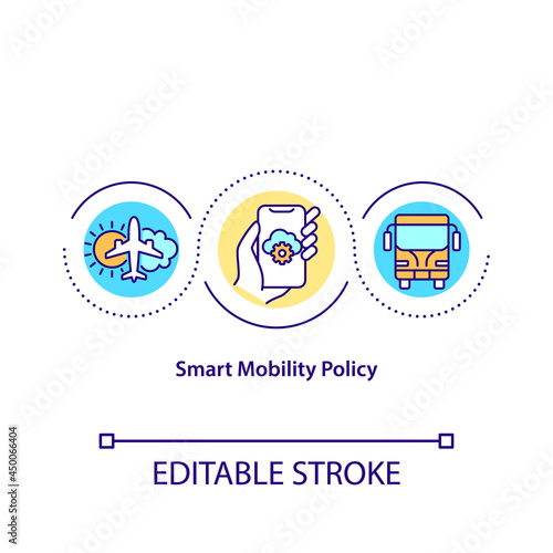 Smart mobility policy concept icon. Futuristic city governance abstract idea thin line illustration. Urban management system. Vector isolated outline color drawing. Editable stroke