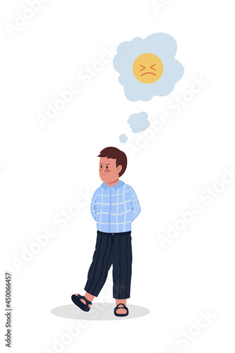 Boy in bad mood semi flat color vector character. Full body person on white. Male kid feels angry and irritability isolated modern cartoon style illustration for graphic design and animation