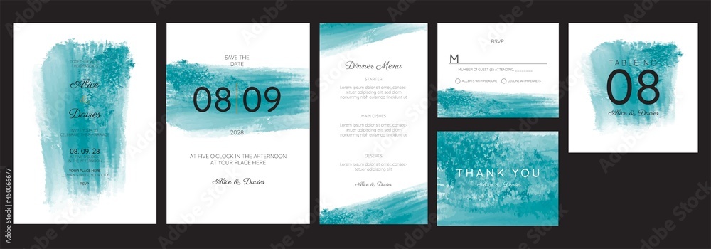 Wedding Invitation Set, blue watercolor stroke invitation, thank you, rsvp. Elegant modern template vector, trendy cover, graphic poster, retro brochure, design template