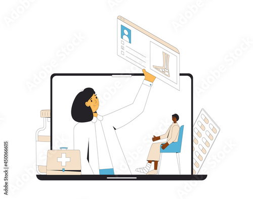 Online orthopedics medical consultation. Traumatologist with feet toe traumapatient. Telemedicine. Doctor distant advise. Health care by internet. Healthcare podiatrist services.