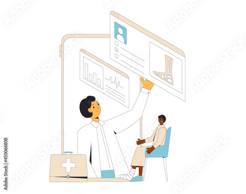 Online orthopedics medical consultation. Traumatologist with feet toe traumapatient. Telemedicine. Doctor distant advise. Health care by internet. Healthcare podiatrist services.