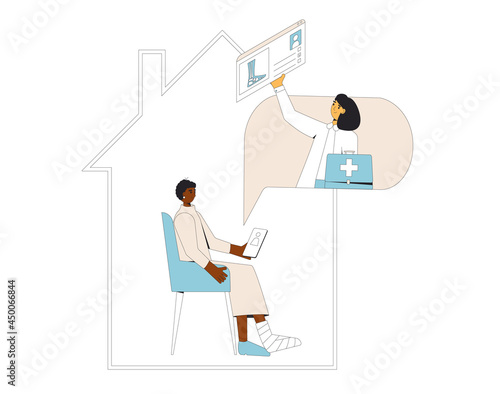 Online orthopedics medical consultation. Traumatologist with feet toe traumapatient. Telemedicine. Doctor distant advise. Health care by internet. Healthcare podiatrist services.