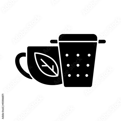 Metal tea infuser, strainer black glyph icon. Device for tea brewing. Put leaves into utensil to make beverage. Mesh container. Silhouette symbol on white space. Vector isolated illustration