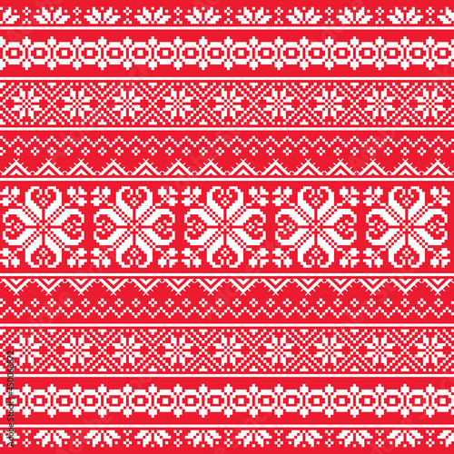 Ukrainian, Belarusian folk art vector seamless pattern with flowers, white on red cross-stitch ornament inspired by folk art - Vyshyvanka 