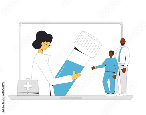 Online medical consultation. Telemedicine. Family doctor distant advise. Health care by internet. Father and daughter have a healthcare remote services.