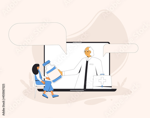 Online medical consultation. Telemedicine. Doctor distant advise. Health care by internet. Healthcare services.