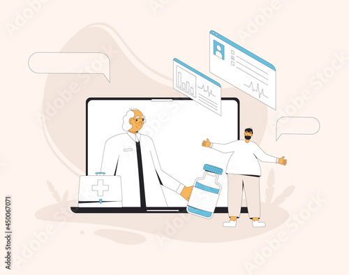 Online medical consultation. Telemedicine. Doctor distant advise. Health care by internet. Healthcare services.