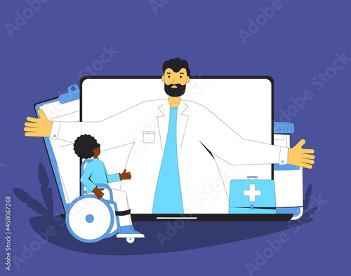 Online medical consultation. Telemedicine. Doctor distant advise. Health care by internet. Healthcare services.