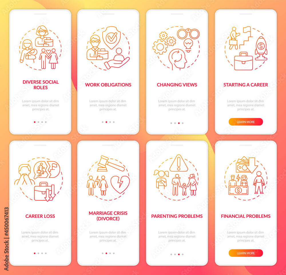 Adulthood psychology onboarding mobile app page screen set. Personal ...