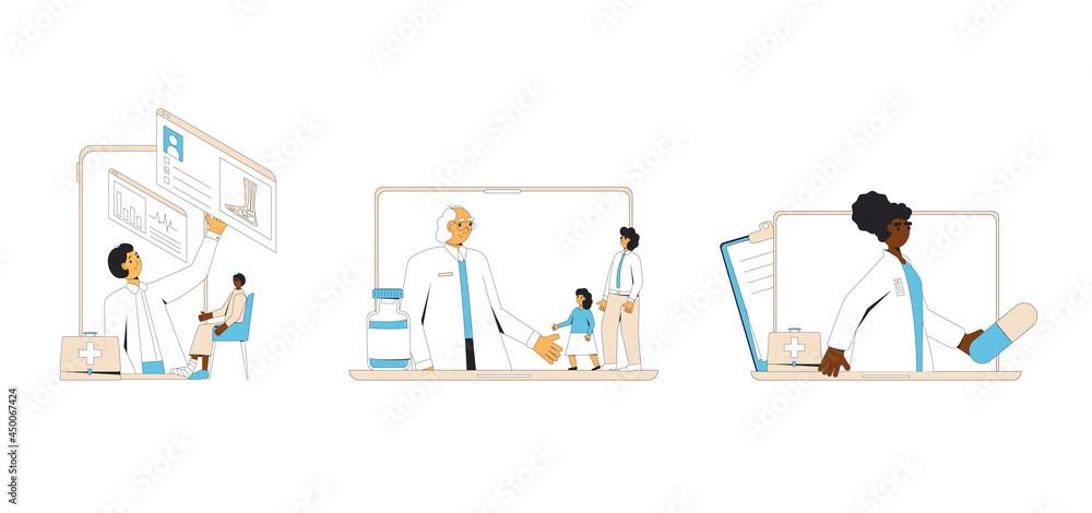 Online medical consultation set. Telemedicine. Doctor distant advise. Health care by internet. Healthcare services. Vector illustration.