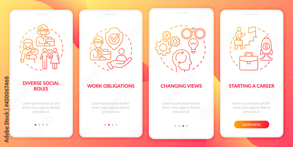 Individual thinking onboarding mobile app page screen. Social identity walkthrough 4 steps graphic instructions with concepts. UI, UX, GUI vector template with linear color illustrations