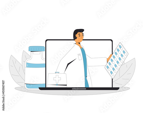 Online medical consultation. Telemedicine. Doctor distant advise. Health care by internet. Healthcare services.