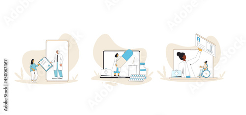 Online medical consultation set. Telemedicine. Doctor distant advise. Health care by internet. Healthcare services. Vector  illustration.