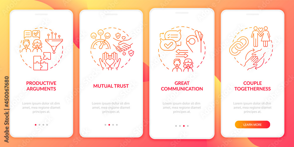 Mature relationship onboarding mobile app page screen. Couples wellbeing walkthrough 4 steps graphic instructions with concepts. UI, UX, GUI vector template with linear color illustrations