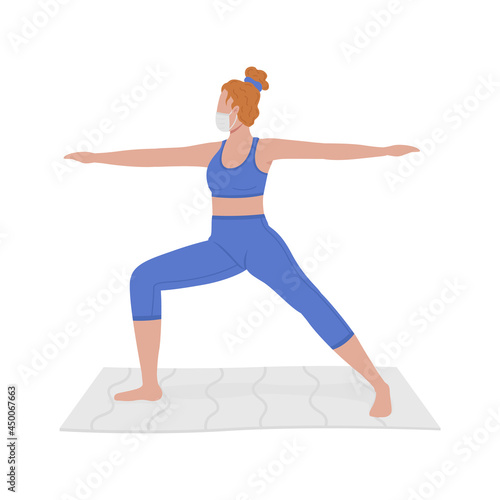 Young woman in mask practicing yoga semi flat color vector character. Full body person on white. Workout for stress reducing isolated modern cartoon style illustration for graphic design and animation