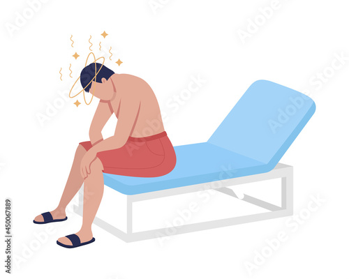 Man suffering from heatstroke semi flat color vector character. Sitting figure. Full body person on white. Danger at beach isolated modern cartoon style illustration for graphic design and animation