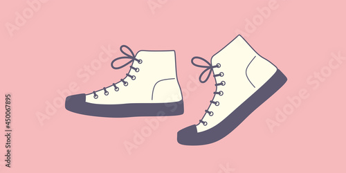 Shoe pair, boot, footwear. Canvas shoes. Vintage. Сolor fashion style high-top and low-top sneakers casual collection.lace-up shoe walking.Shoemaker, cobbler.Colorful isolated flat vector illustration