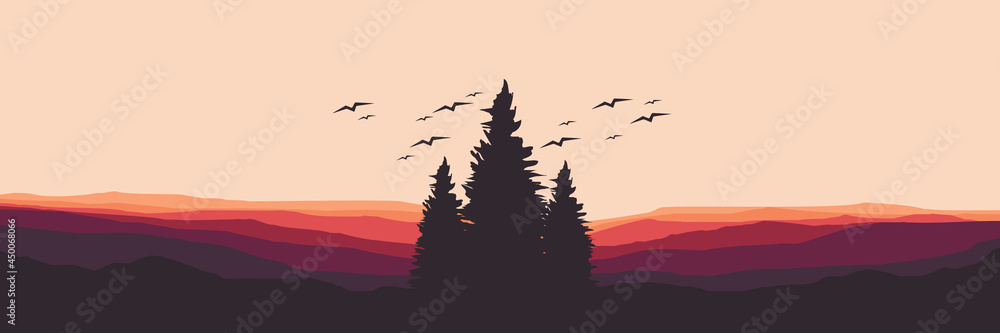 Obraz premium mountain forest sunset flat design vector banner template good for web banner, ads banner, tourism banner, wallpaper, background template, and adventure design backdrop 