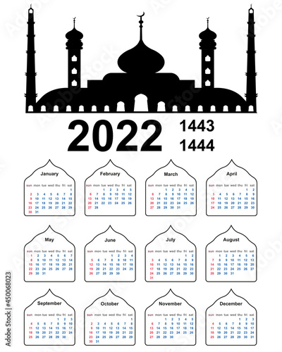 Hijri islamic calendar 2022. From 1443 to 1444, vector Muslim calendar with an Islamic mosque week starting on sunday photo