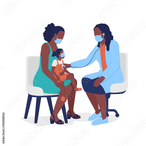 Doctor checks child health semi flat color vector characters. Sitting figure. Full body people on white. Using stethoscope isolated modern cartoon style illustration for graphic design and animation