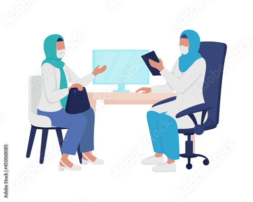 Physician-patient interaction semi flat color vector characters. Full body people on white. Visiting medical doctor isolated modern cartoon style illustration for graphic design and animation