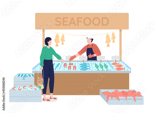 Fishmonger suggests fresh seafood semi flat color vector characters. Full body people on white. Shopping at fish market isolated modern cartoon style illustration for graphic design and animation