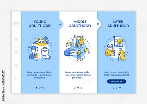 Stages of adulthood onboarding vector template. Responsive mobile website with icons. Web page walkthrough 3 step screens. Social realisation color concept with linear illustrations