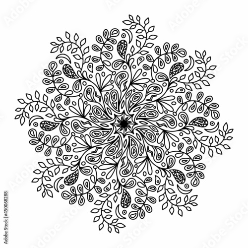 Floral vector mandala with flowers and leaves in doodle style isolated on white background. Funny coloring and cute illustration for seasonal design, textile, decoration kids playroom or greeting card